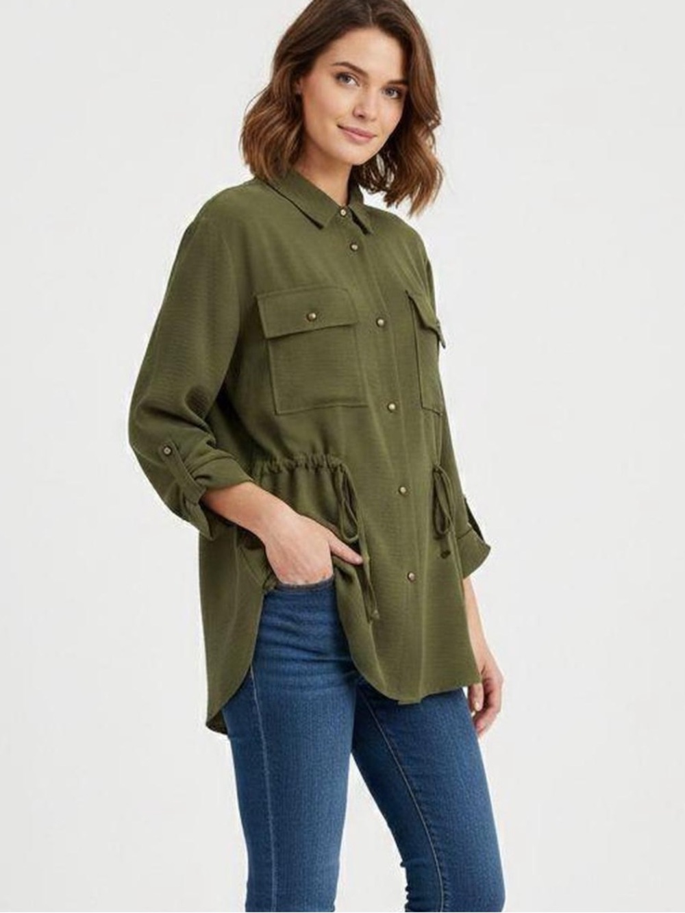 NWOT Rachel Zoe Olive Green Button Front Roll-Tab Sleeve Utility Shirt